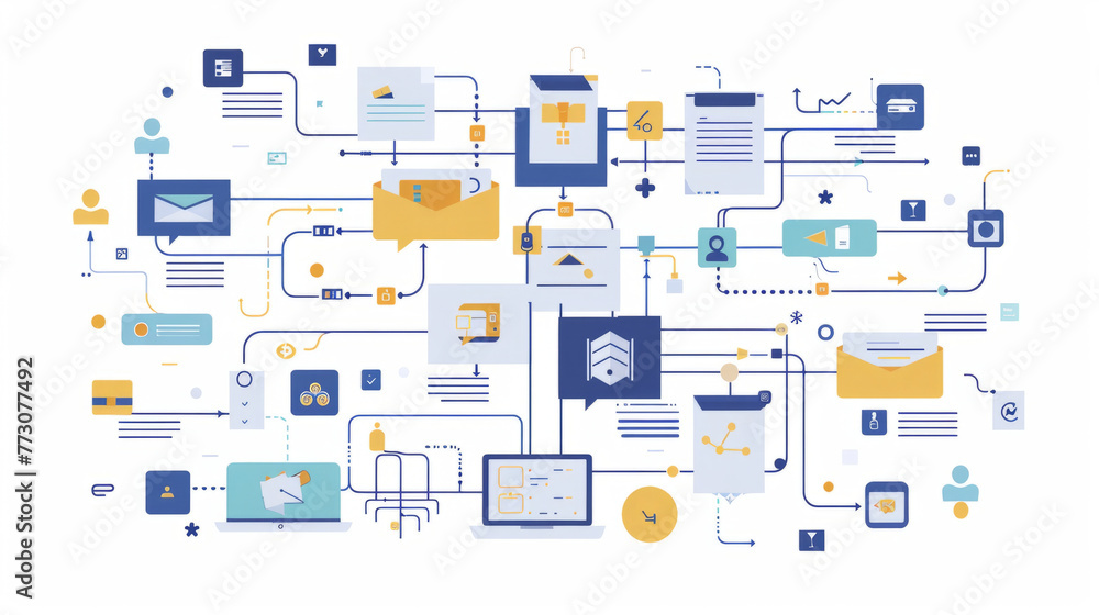 Poster business workflow management, a vibrant flat design illustration depicting a network of digital and 