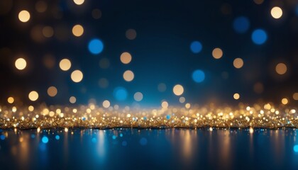 An abstract image with golden glitter and blue bokeh lights creating a magical atmosphere, suitable for celebrations and festive backgrounds.