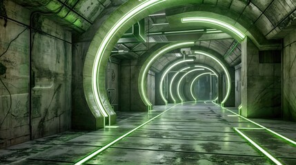 A futuristic tunnel with green neon lights and a reflective floor.jpg - obrazy, fototapety, plakaty