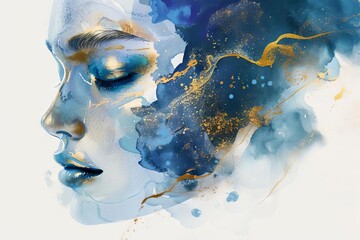 Elegant woman's face painted in shades of blue and gold on a clean white background, abstract beauty portrait illustration