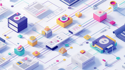 Business workflow management. An isometric illustration of a vibrant digital workspace with 3D icons representing analytics, databases, and web development.