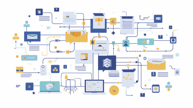 Business workflow management, A vibrant flat design illustration depicting a network of digital and communication concepts with various icons such as email, security, cloud storage