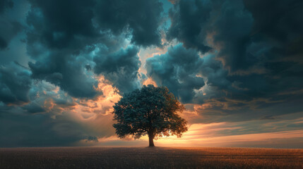 Lone tree in a vast field with dramatic clouds at sunset