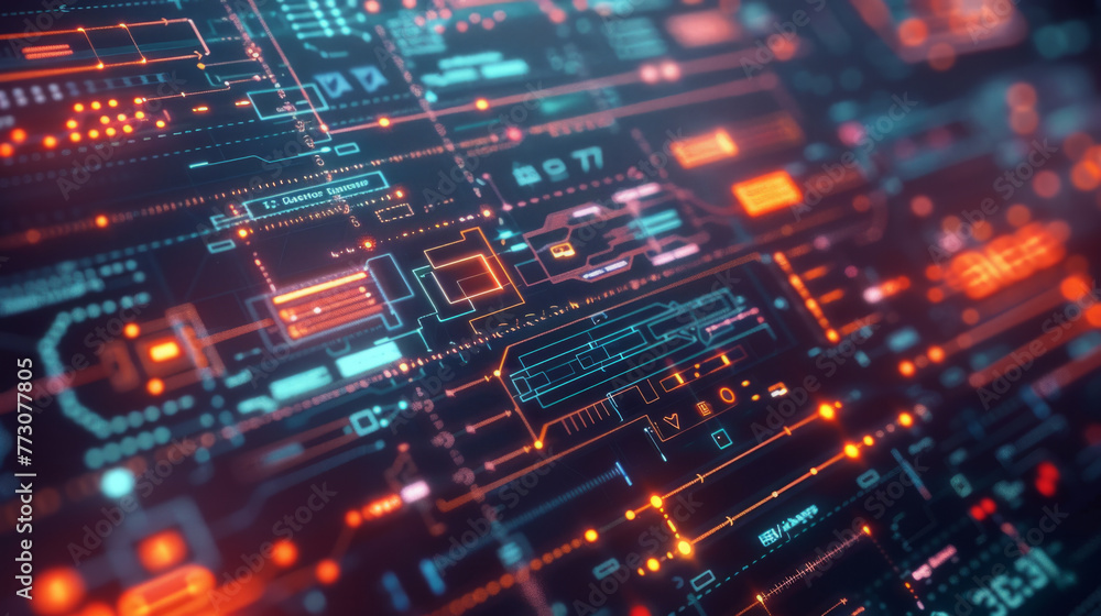 Poster business intelligent concept (bi). close-up image of a circuit board with glowing neon lines and tec