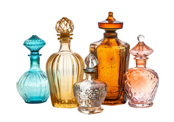 Obraz na płótnie Canvas Elegant Vintage Glass Perfume Bottles Set On Transparent Background.