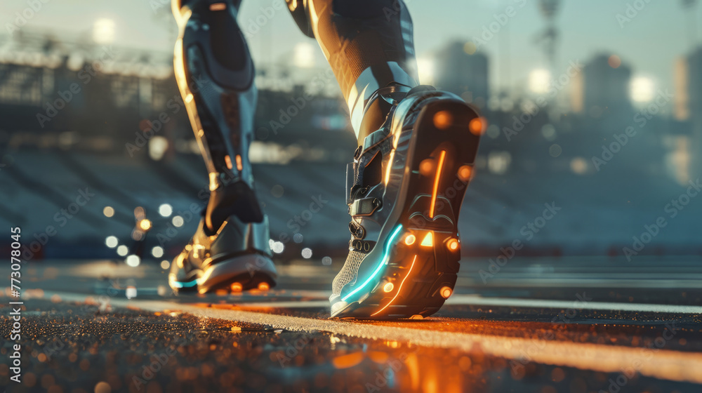 Poster futuristic robot legs equipped with advanced running shoes stepping on a track field at twilight, wi