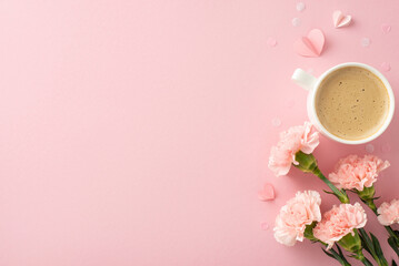 Sophisticated Mother's Day scene: top-view image featuring macchiato, lush carnations, petite...