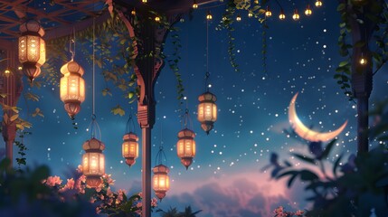 Modern ketupat and lantern lights in stunning night scene ai image
