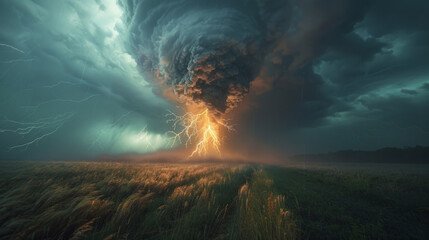 A dramatic view of a severe thunderstorm over a golden wheat field, with multiple lightning strikes illuminating the dark and ominous storm clouds.