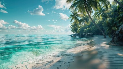 A beach with palm trees, clear water, and a blue sky.jpg