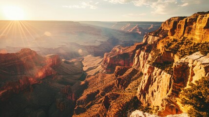 A breathtaking view of a canyon at golden hour, majestic and inspiring background for travel or adventure campaigns - obrazy, fototapety, plakaty