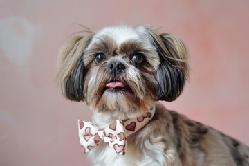 shih tzu wearing a bow tie with heart prints