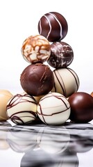 chocolates in pile on white background, in the style of sabattier filter, marble, wimmelbilder