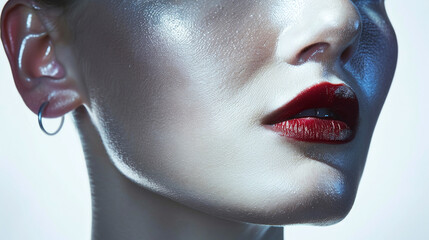 close up face part female with red lipstick - obrazy, fototapety, plakaty