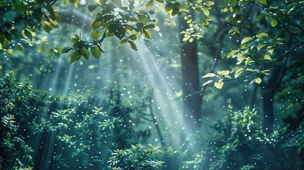 A rain-drenched forest scene with green leaves, sunlight beaming through the trees.jpg