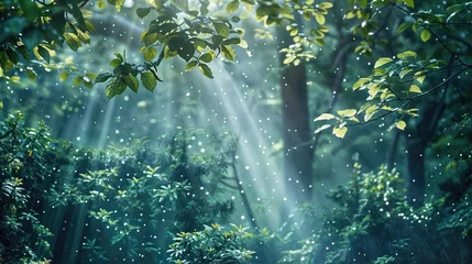 Deurstickers A rain-drenched forest scene with green leaves, sunlight beaming through the trees.jpg © Nosheen