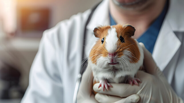 a male excotic pet vet holding a guinea pig bokeh style background