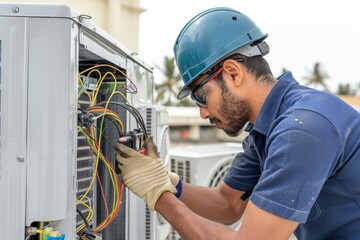 A photo of an air conditioner technician working on the outdoor unit with wires and tools, wearing a blue uniform shirt and helmet.