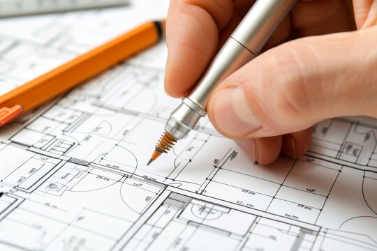 Closeup of an architect's hand holding a pencil, drawing blueprints on construction plans. High-resolution photograph capturing the precision and focus in architectural design work.