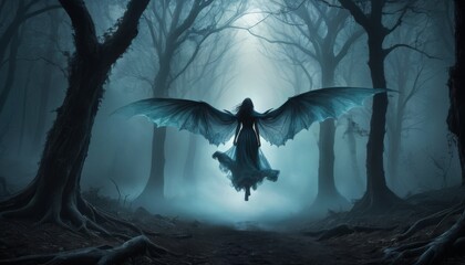 An ethereal angel with expansive wings levitates amidst a hauntingly serene and foggy woodland, evoking a sense of mysticism
