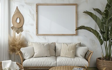 Mockup frame close up in coastal style home interior background, 3d render