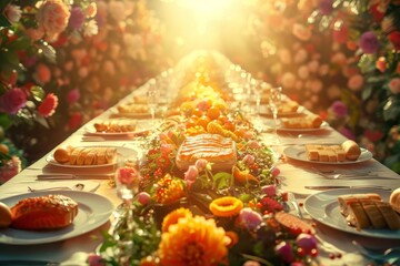 Long table set for a heavenly feast, biblical promise of abundance and joy, conceptual illustration - obrazy, fototapety, plakaty