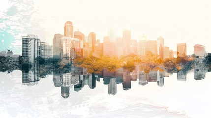 panorama of the city in double exposure
