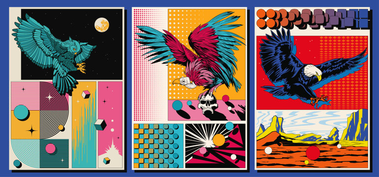 Owl, Vulture, Eagle Vector Illustrations. Scavenger and Predatory Birds. 3D effect Abstract Posters. 1980s Colors and Style Backgrounds 