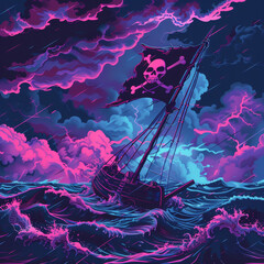 Stormy sea with pirate flag, neon style, stark contrast theme