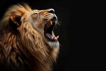 Majestic lion roaring against black background, powerful wildlife animal portrait, dramatic lighting - obrazy, fototapety, plakaty