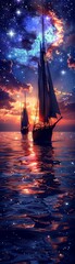 Design a captivating silhouette image of sailing ships under a starlit sky, capturing the serene beauty of the sea at night Inspire wonder and adventure with this enchanting scene