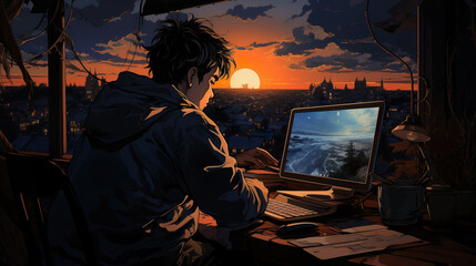 Fototapeta premium A Man Sitting At A Computer In The Evening. Illustration On The Theme Of Computer Games, Lifestyle, Man And Creativity. Generative AI