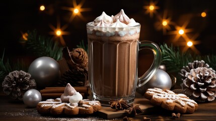 Christmas drink cup of hot chocolate with marshmallows and gingerbread cookies