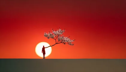 Foto auf Acrylglas tree in the sunset wallpaper national landscape sky vector art background blood, Cherry Blossom, minimalism, Photoshop, red, sun, sunset, HD wallpaper © Bilal
