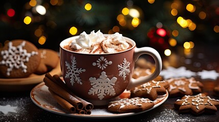 Obraz na płótnie Canvas Christmas drink cup of hot chocolate with marshmallows and gingerbread cookies
