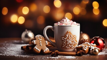 Obraz na płótnie Canvas Christmas drink cup of hot chocolate with marshmallows and gingerbread cookies