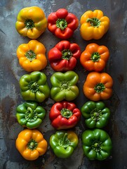 Elevate the ordinary with an over-the-shoulder shot highlighting the different sizes, hues, and patterns of a collection of bell peppers Bold, flavorful, and visually striking