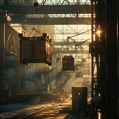  industrial electrical equipment casting striking long shadows in the soft glow of early morning or late afternoon sun Create a compelling narrative through light and perspective - obrazy, fototapety, plakaty