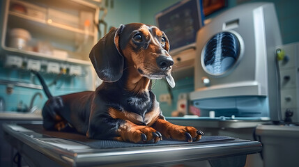 A dachshund receiving a thorough examination by a veterinary doctor, 