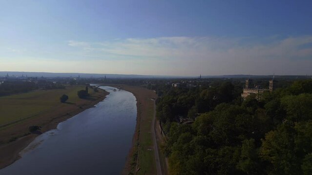 dresden grand majestic castle by Elbe river Perfect aerial top view flight drone