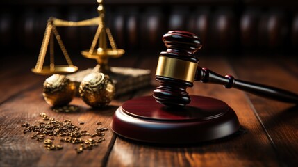 Concept of real estate auction, legal system and property division after divorce. Gavel and house key on a wooden background. - obrazy, fototapety, plakaty