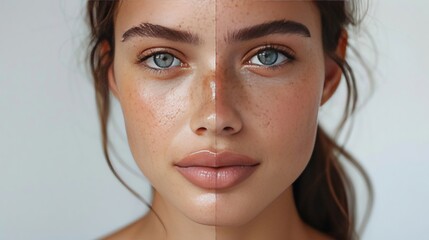  the dual benefits of your skincare line through a split screen view featuring contrasting elements like day vs night, natural vs enhanced  - obrazy, fototapety, plakaty