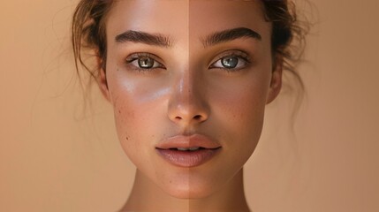  the dual benefits of your skincare line through a split screen view featuring contrasting elements like day vs night, natural vs enhanced 