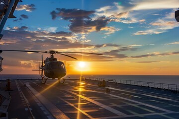 helicopter landing on the deck of a supply vessel at sunset