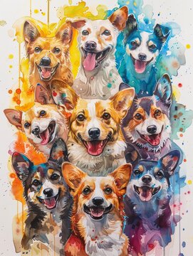 Knolling sheet with cute dogs, bright and vibrant watercolor, playful and cheerful, artistically laid out