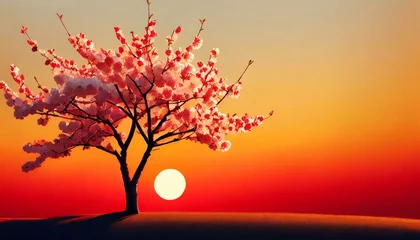 Rolgordijnen tree in the sunset wallpaper national landscape sky vector art background blood, Cherry Blossom, minimalism, Photoshop, red, sun, sunset, HD wallpaper © Bilal