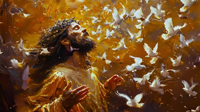 The resurrected Jesus Christ ascending to heaven above the bright light sky and clouds and God, Heaven and Second Coming concept Heaven and cross, Faith and salvation of Jesus Christ 4k video