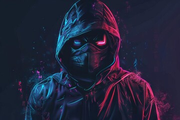 Mysterious hacker in dark mask with glowing digital effects on black background, cybersecurity and computer crime concept illustration