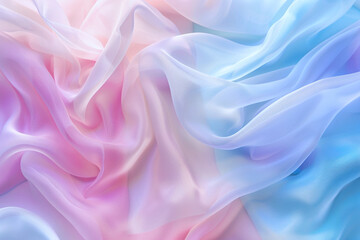 The image showcases a soft pink, blue, and white background adorned with a smooth, flowing fabric design at its center