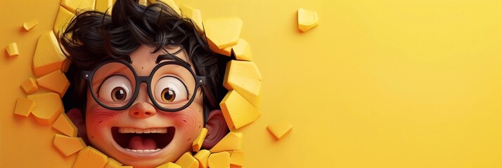 A crazy little girl with glasses looking through hole in pastel yellow wall smiling cartoon illustration banner - obrazy, fototapety, plakaty